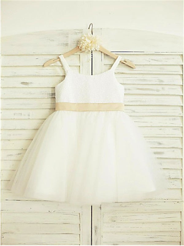 A-line/Princess Spaghetti Straps Sleeveless Bowknot Knee-Length Tulle Flower Girl Dresses DEP0007742