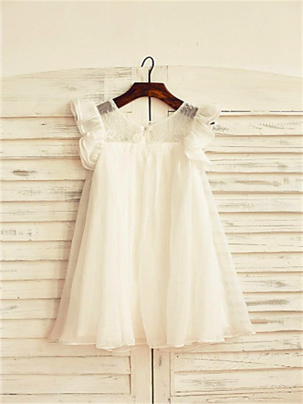 A-line/Princess Scoop Short Sleeves Lace Tea-Length Chiffon Flower Girl Dresses DEP0007691