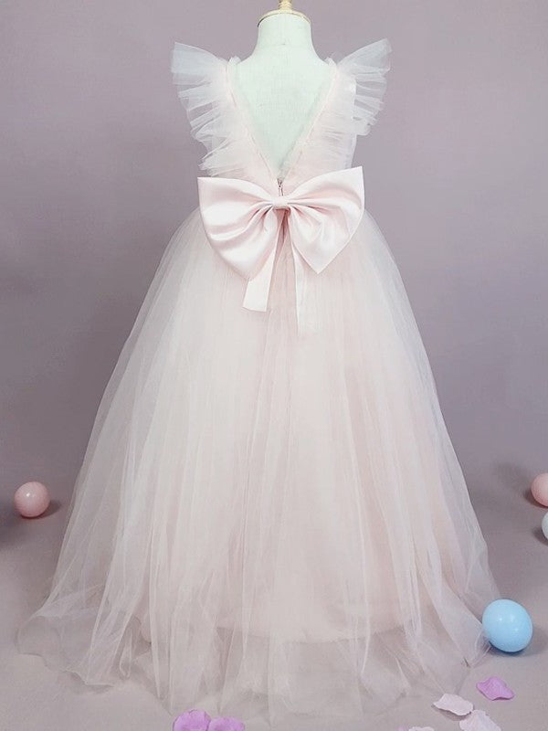 A-Line/Princess Tulle Bowknot Scoop Sleeveless Floor-Length Flower Girl Dresses DEP0007501