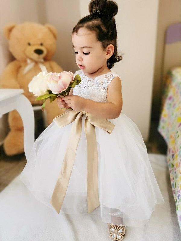 A-Line/Princess Tulle Sash/Ribbon/Belt Scoop Sleeveless Knee-Length Flower Girl Dresses DEP0007546