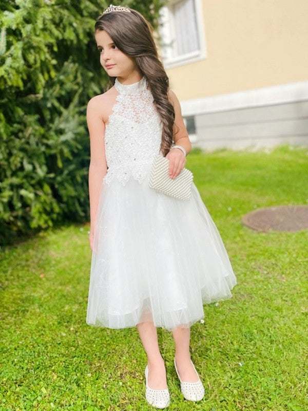 A-Line/Princess Tulle Lace Halter Sleeveless Knee-Length Flower Girl Dresses DEP0007550