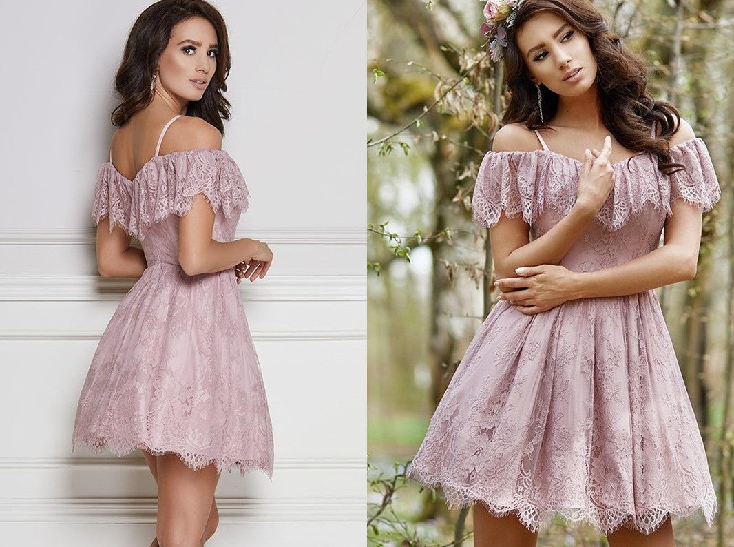 A-Line/Princess Ruffles Lace Off-the-Shoulder Sleeveless Short/Mini Dresses DEP0008449