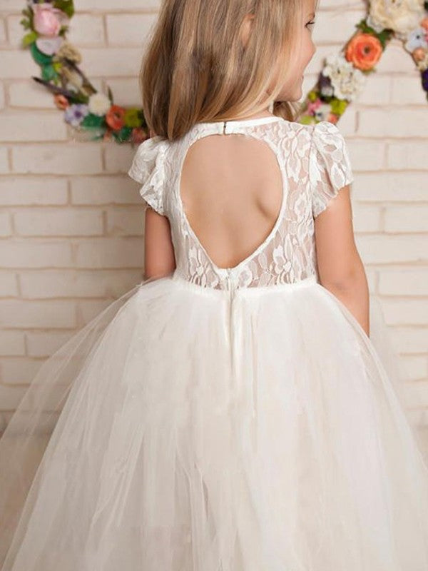 A-Line/Princess Tulle Lace Scoop Short Sleeves Floor-Length Flower Girl Dresses DEP0007903