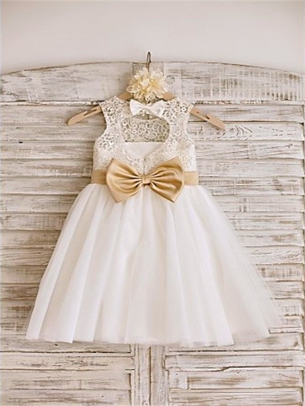 A-line/Princess Sleeveless Bowknot Scoop Knee-Length Tulle Flower Girl Dresses DEP0007541