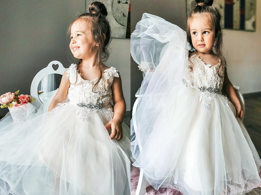 A-Line/Princess Tulle Lace V-neck Sleeveless Ankle-Length Flower Girl Dresses DEP0007460