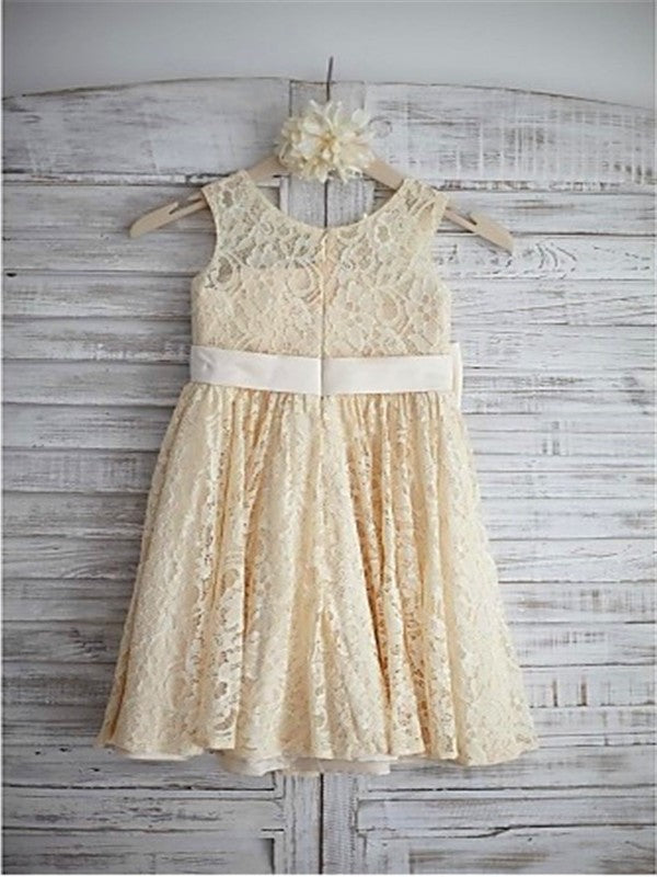 A-line/Princess Sleeveless Scoop Bowknot Knee-Length Lace Flower Girl Dresses DEP0007627