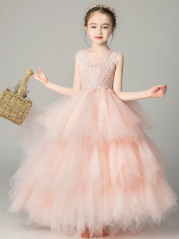 A-Line/Princess Tulle Applique Scoop Sleeveless Floor-Length Flower Girl Dresses DEP0007507