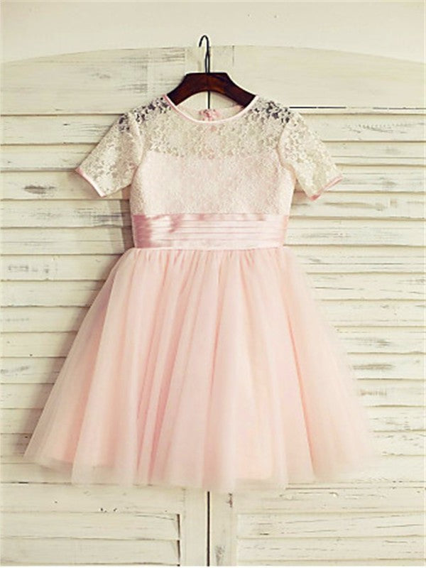 A-line/Princess Jewel Short Sleeves Lace Tea-Length Tulle Flower Girl Dresses DEP0007793