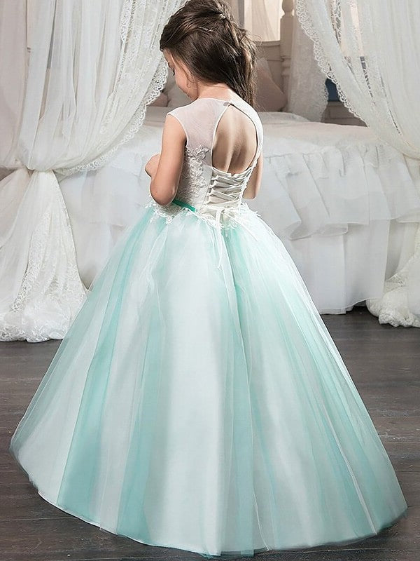 Ball Gown Jewel Sleeveless Sash/Ribbon/Belt Floor-Length Tulle Flower Girl Dresses DEP0007746