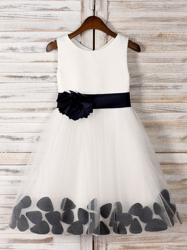 A-Line/Princess Tulle Hand-Made Flower Scoop Sleeveless Tea-Length Flower Girl Dresses DEP0007528