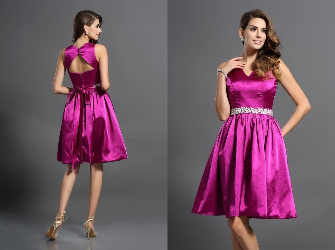 A-Line/Princess Straps Beading Sleeveless Short Elastic Woven Satin Bridesmaid Dresses DEP0005768