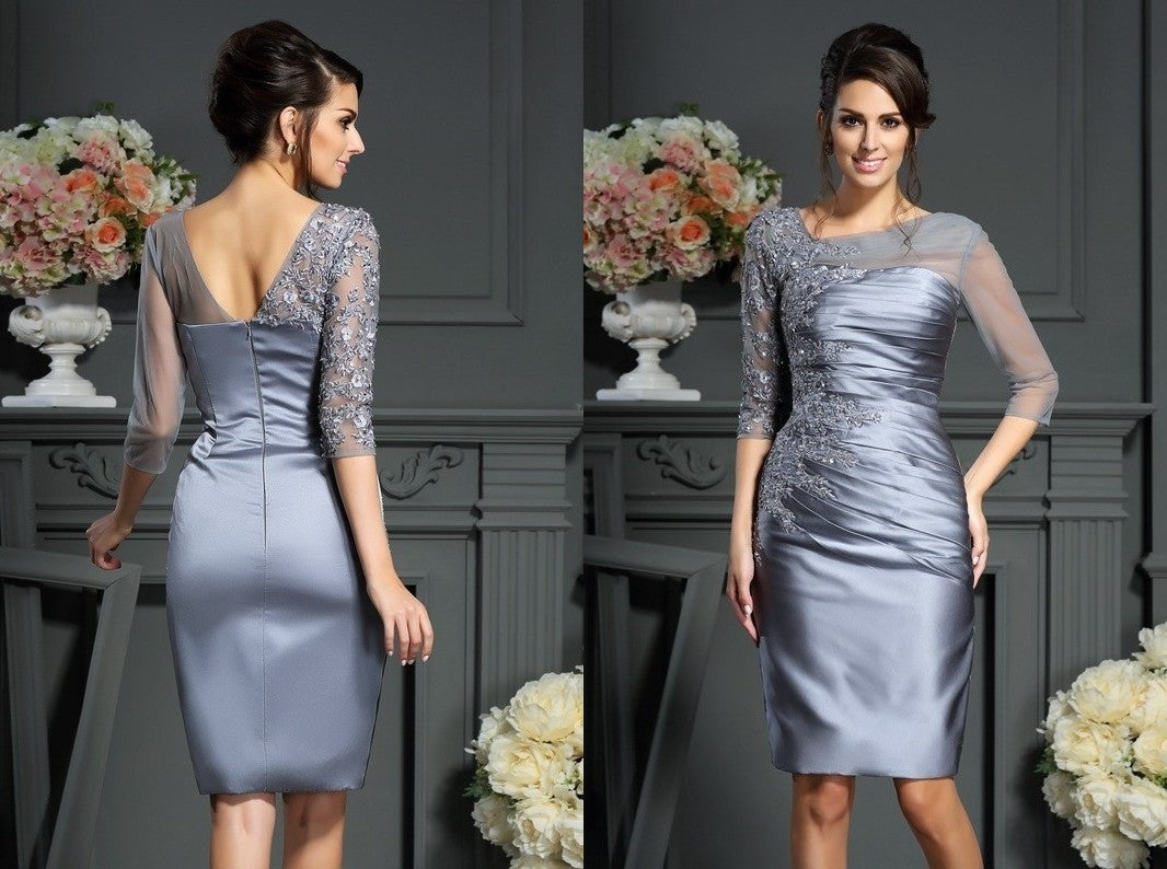 Sheath/Column Scoop Beading 1/2 Sleeves Short Satin Mother of the Bride Dresses DEP0007038