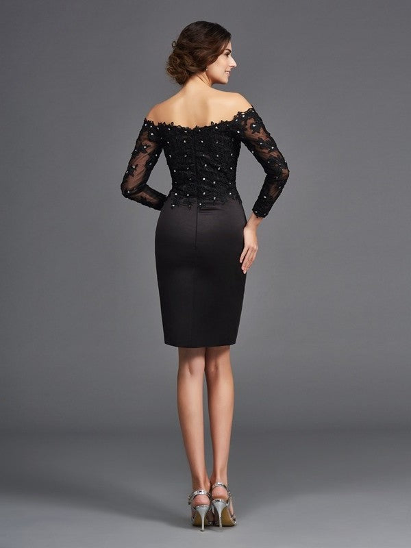 Sheath/Column Off-the-Shoulder Lace Long Sleeves Short Satin Mother of the Bride Dresses DEP0007138