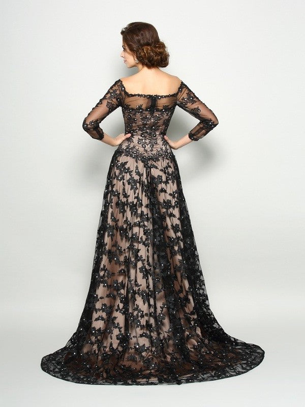 A-Line/Princess Off-the-Shoulder Lace 3/4 Sleeves Long Satin Mother of the Bride Dresses DEP0007102