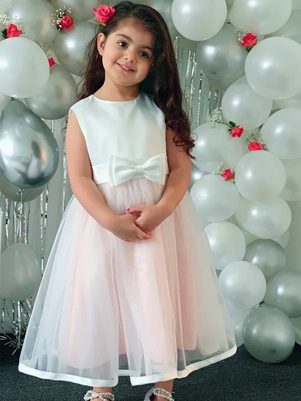 A-Line/Princess Organza Bowknot Scoop Sleeveless Tea-Length Flower Girl Dresses DEP0009295