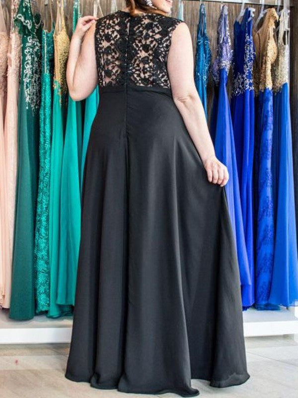 A-Line/Princess V-neck Sleeveless Applique Floor-Length Chiffon Plus Size Dresses DEP0003880