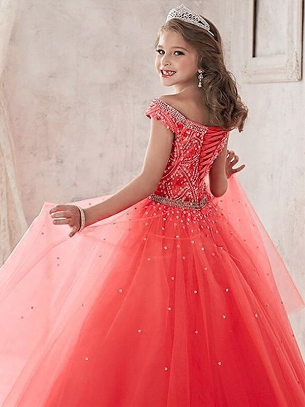 Ball Gown Off-the-Shoulder Sleeveless Beading Floor-Length Tulle Flower Girl Dresses DEP0007563