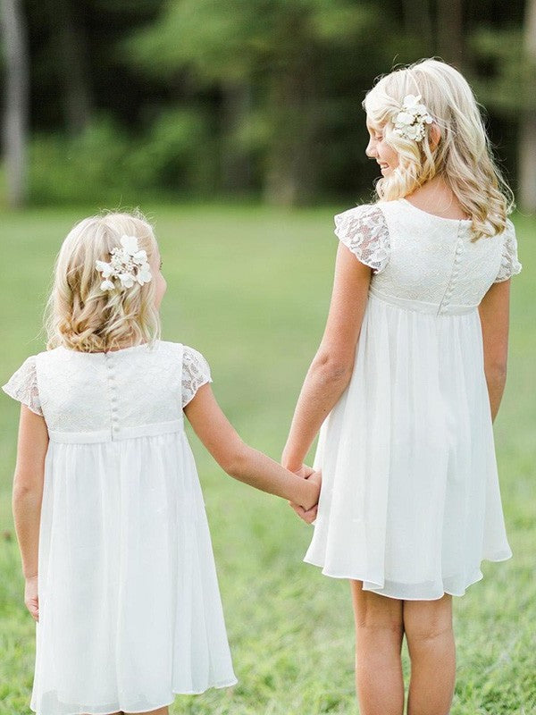 A-Line/Princess Short Sleeves Scoop Knee-Length Lace Chiffon Flower Girl Dresses DEP0007814