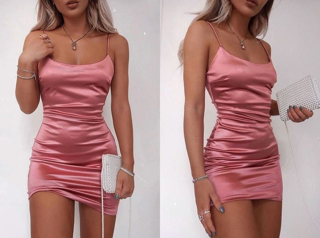 Sheath/Column Sleeveless Spaghetti Straps Elastic Woven Satin Ruched Short/Mini Homecoming Dresses DEP0002171