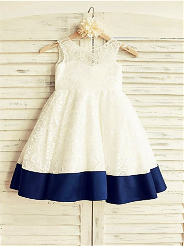 A-line/Princess Sleeveless Scoop Bowknot Tea-Length Lace Flower Girl Dresses DEP0007719