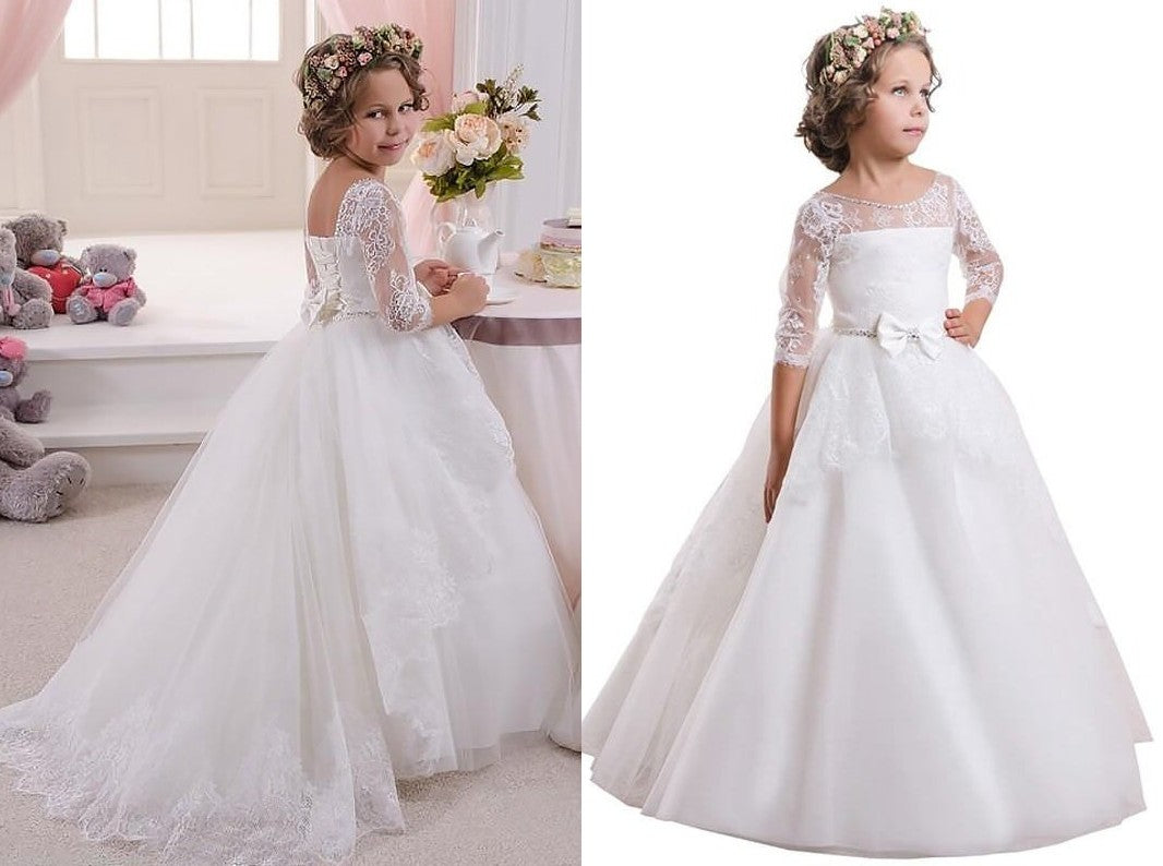 Ball Gown Jewel Long Sleeves Lace Sweep/Brush Train Satin Flower Girl Dresses DEP0007605