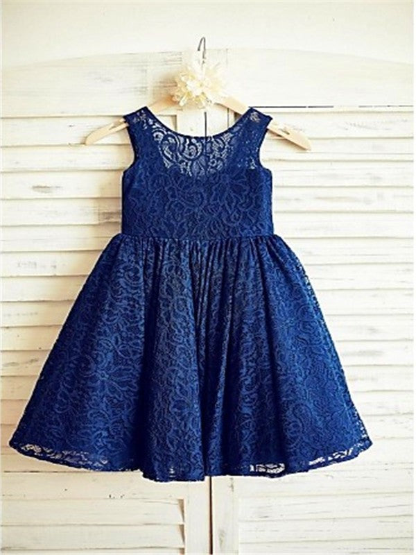 A-line/Princess Scoop Sleeveless Bowknot Tea-Length Lace Flower Girl Dresses DEP0007735