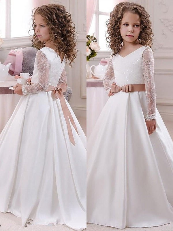 Ball Gown V-neck Long Sleeves Lace Floor-Length Satin Flower Girl Dresses DEP0007590