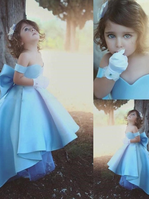 Ball Gown Off-the-Shoulder Ruffles Satin Sleeveless Asymmetrical Flower Girl Dresses DEP0007593