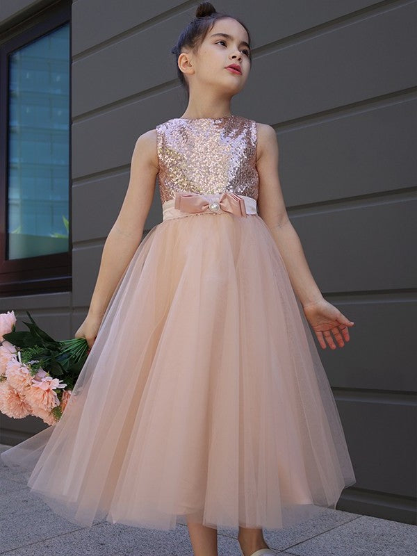 A-Line/Princess Tulle Bowknot Scoop Sleeveless Tea-Length Flower Girl Dresses DEP0007463