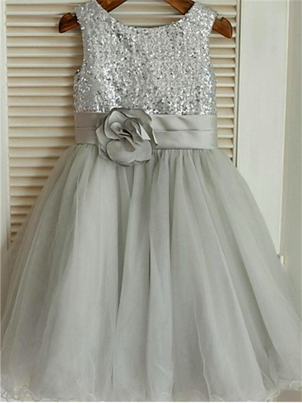 A-line/Princess Scoop Sleeveless Sequin Tea-Length Tulle Flower Girl Dresses DEP0007673