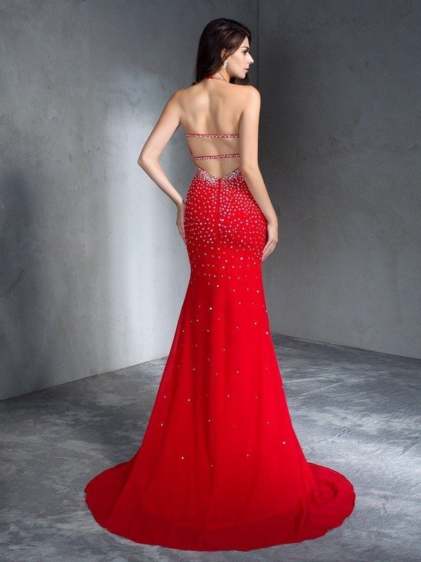 Trumpet/Mermaid Halter Beading Sleeveless Long Chiffon Dresses DEP0002024