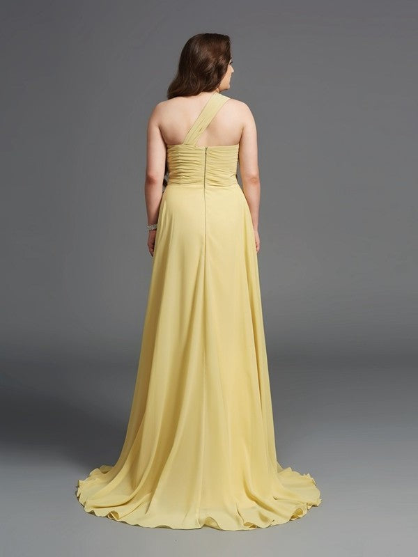 A-Line/Princess One-Shoulder Rhinestone Sleeveless Long Chiffon Plus Size Dresses DEP0003729