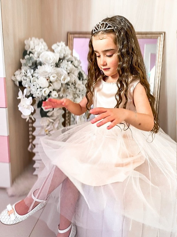 A-Line/Princess Tulle Bowknot Scoop Sleeveless Knee-Length Flower Girl Dresses DEP0009290