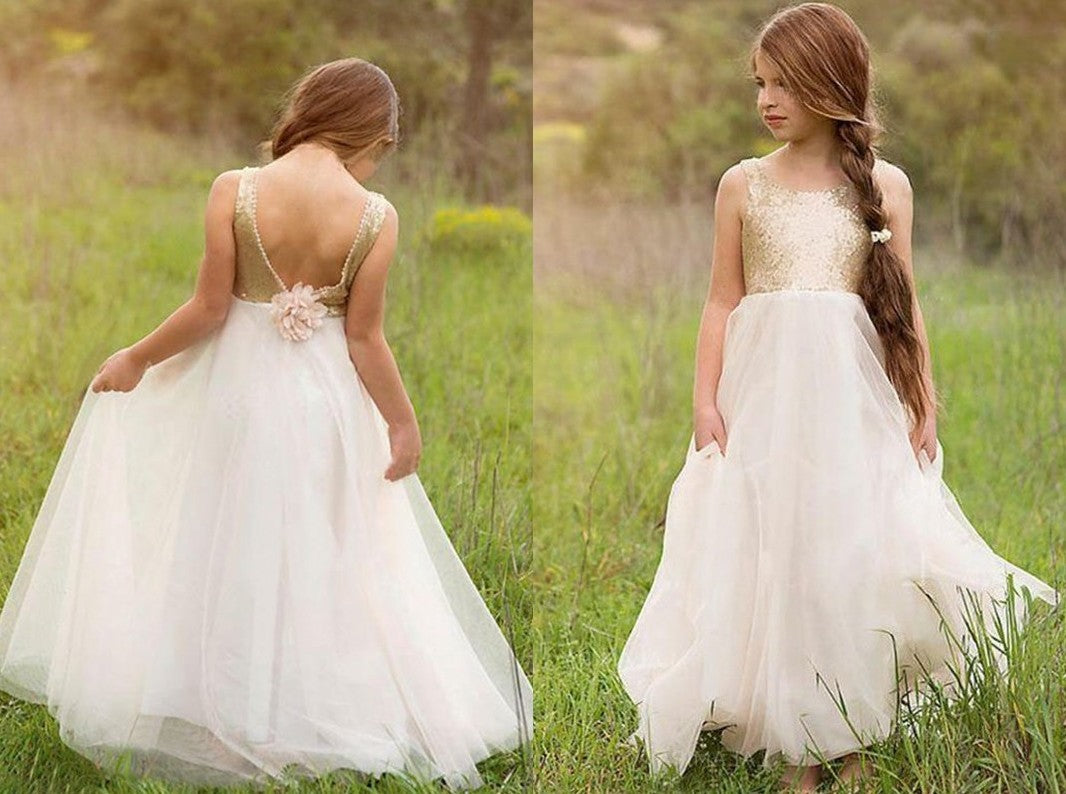 A-Line/Princess Sleeveless Scoop Floor-Length Sequin Tulle Flower Girl Dresses DEP0007676