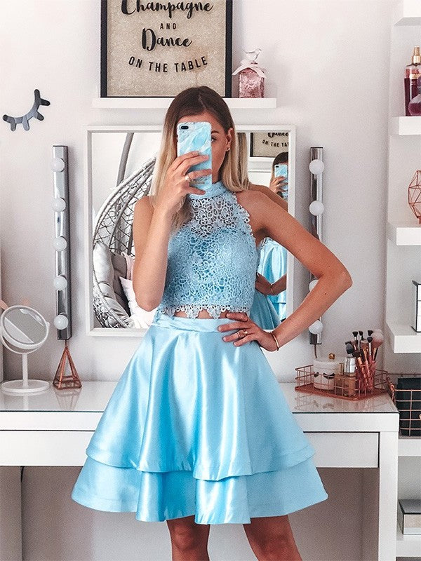 A-Line/Princess Satin Lace Sleeveless Halter Short/Mini Two Piece Homecoming Dresses DEP0004654