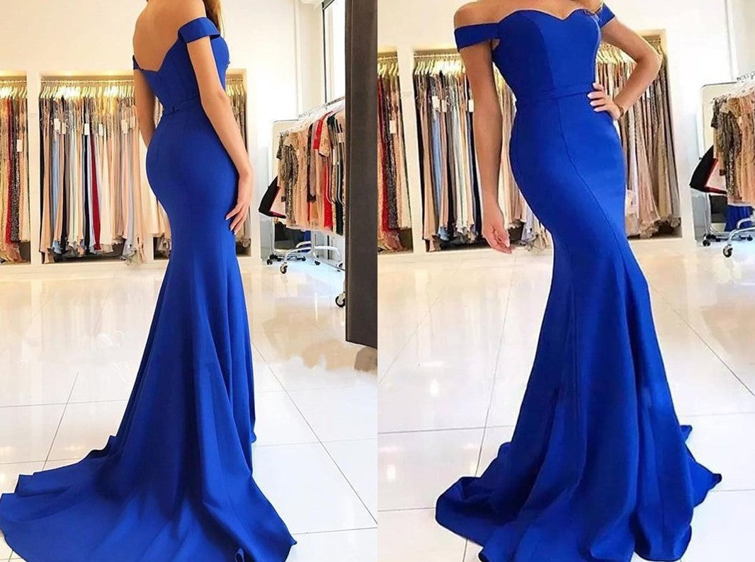 Trumpet/Mermaid Off-the-Shoulder Sleeveless Sweep/Brush Train Ruffles Satin Dresses DEP0002281