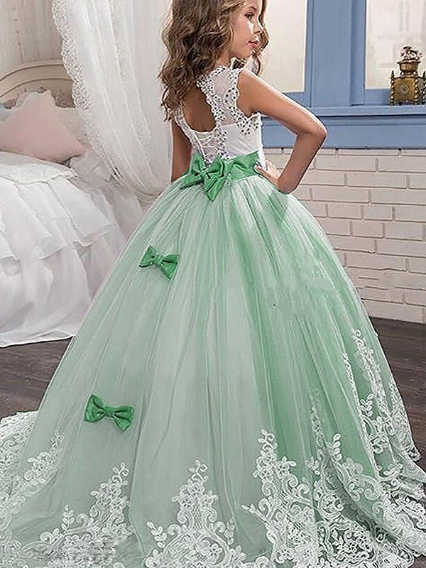 Ball Gown Jewel Sleeveless Lace Sweep/Brush Train Tulle Flower Girl Dresses DEP0007567