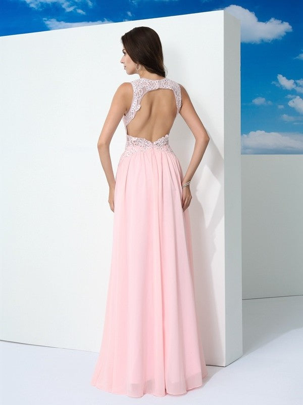 A-Line/Princess Straps Beading Sleeveless Long Chiffon Dresses DEP0002549