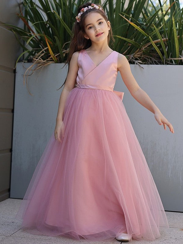 A-Line/Princess Tulle Bowknot V-neck Sleeveless Floor-Length Flower Girl Dresses DEP0007496