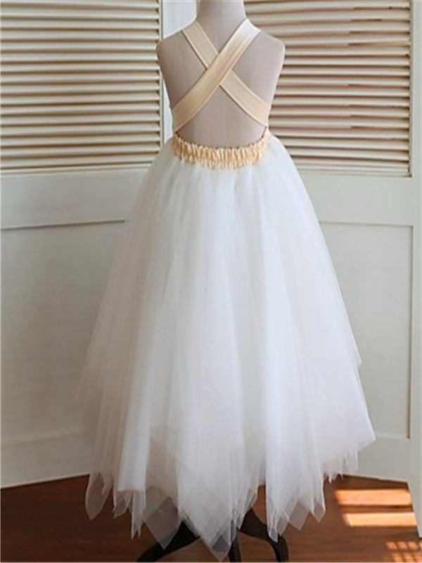 Ball Gown Sleeveless Straps Hand-made Flower Tea-Length Tulle Flower Girl Dresses DEP0007717