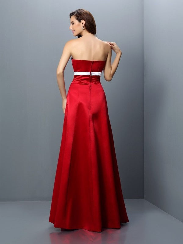 A-Line/Princess Strapless Sash/Ribbon/Belt Sleeveless Long Satin Bridesmaid Dresses DEP0005811