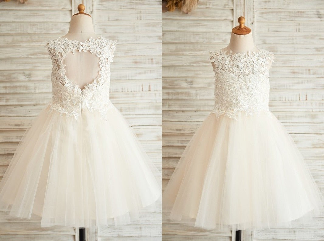 A-Line/Princess Tulle Lace Scoop Sleeveless Knee-Length Flower Girl Dresses DEP0007812