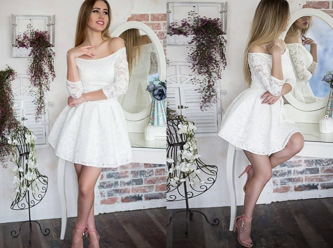 A-Line/Princess Ruffles Off-the-Shoulder Lace 3/4 Sleeves Short/Mini Dresses DEP0008394