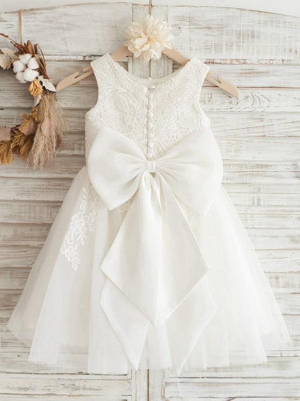 A-Line/Princess Tulle Lace Scoop Sleeveless Knee-Length Flower Girl Dresses DEP0007893