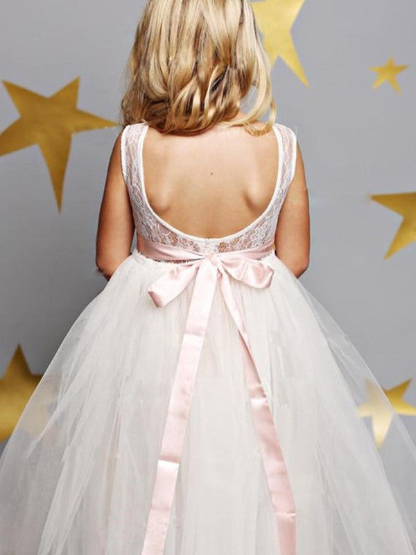 A-Line/Princess Tulle Scoop Sleeveless Sash/Ribbon/Belt Floor-Length Flower Girl Dresses DEP0007891