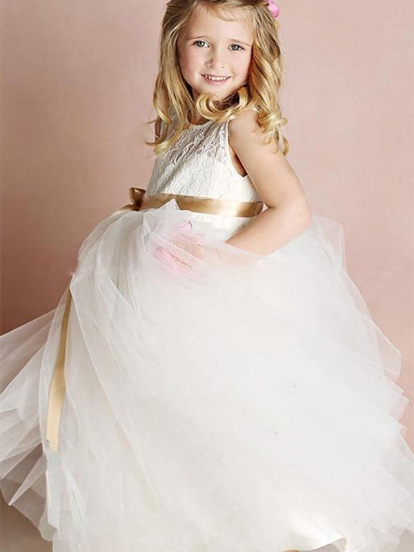 A-Line/Princess Tulle Sash/Ribbon/Belt Scoop Sleeveless Floor-Length Flower Girl Dresses DEP0007817