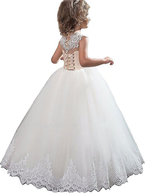 Ball Gown Scoop Sleeveless Applique Tulle Floor-Length Flower Girl Dresses DEP0007619