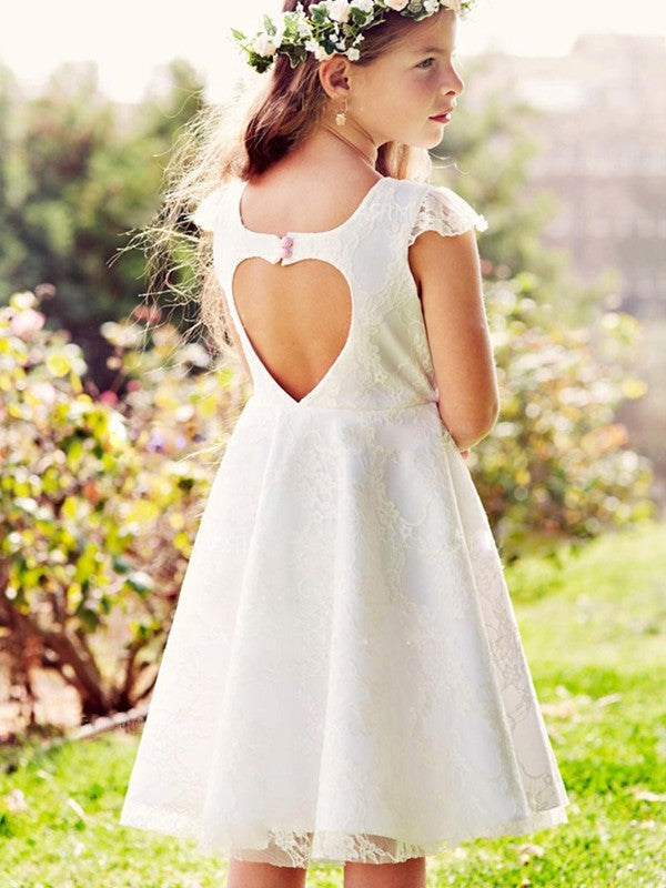 A-Line/Princess Tulle Applique Scoop Short Sleeves Knee-Length Flower Girl Dresses DEP0007932