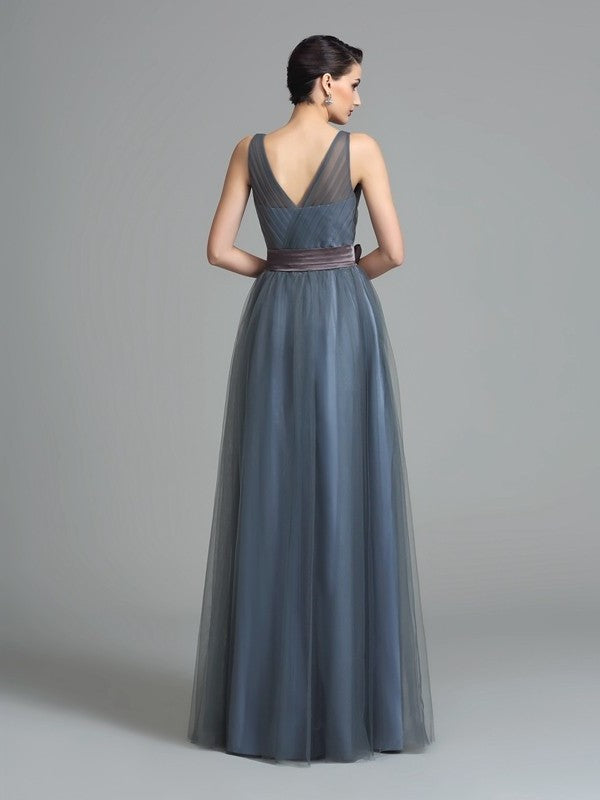 A-Line/Princess Straps Sash/Ribbon/Belt Sleeveless Long Net Bridesmaid Dresses DEP0005595