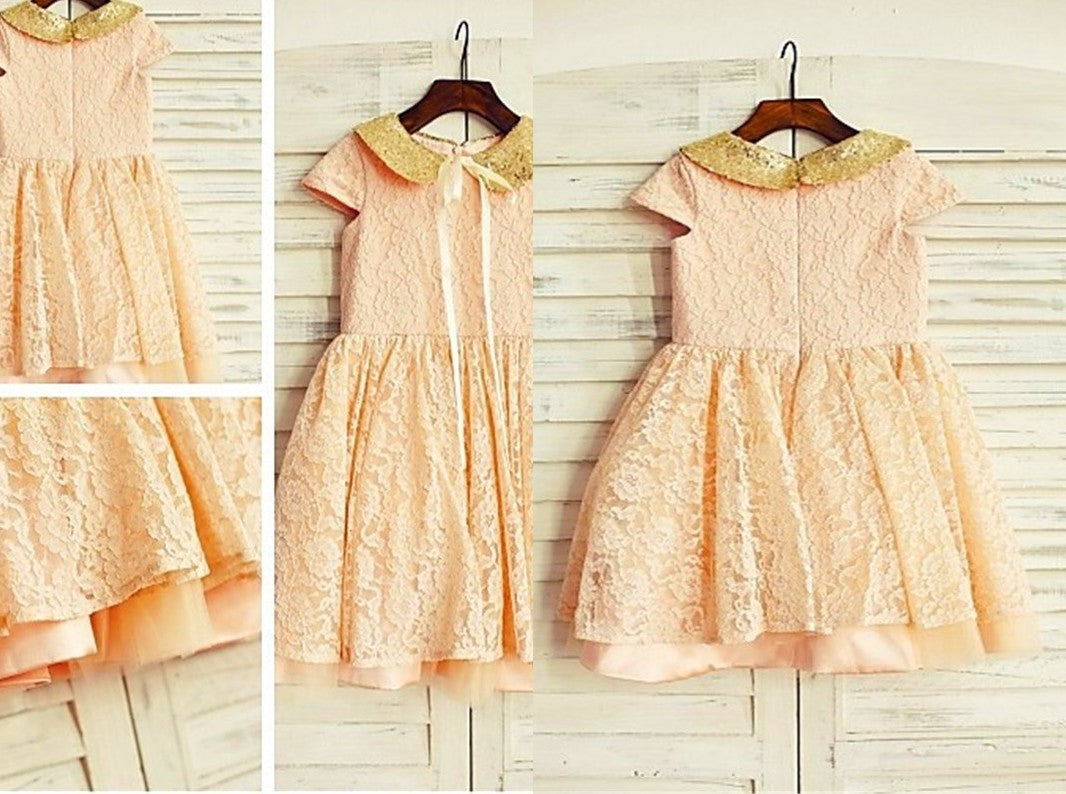 A-line/Princess Short Sleeves Scoop Sequin Tea-Length Lace Flower Girl Dresses DEP0007930